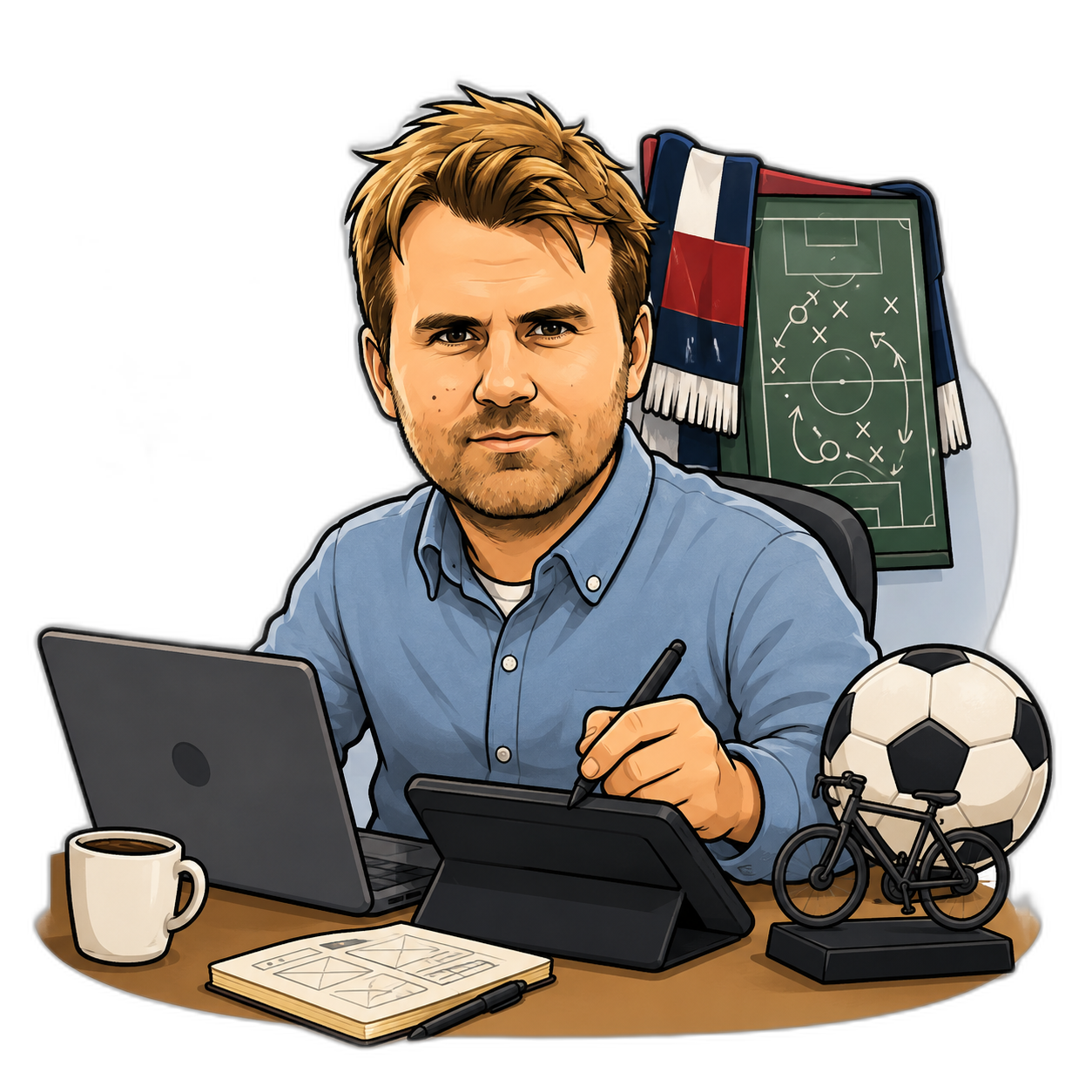 Illustrasjon av Raymond ved skrivebordet med laptop, tegnebrett, kaffe, fotball og sykkel