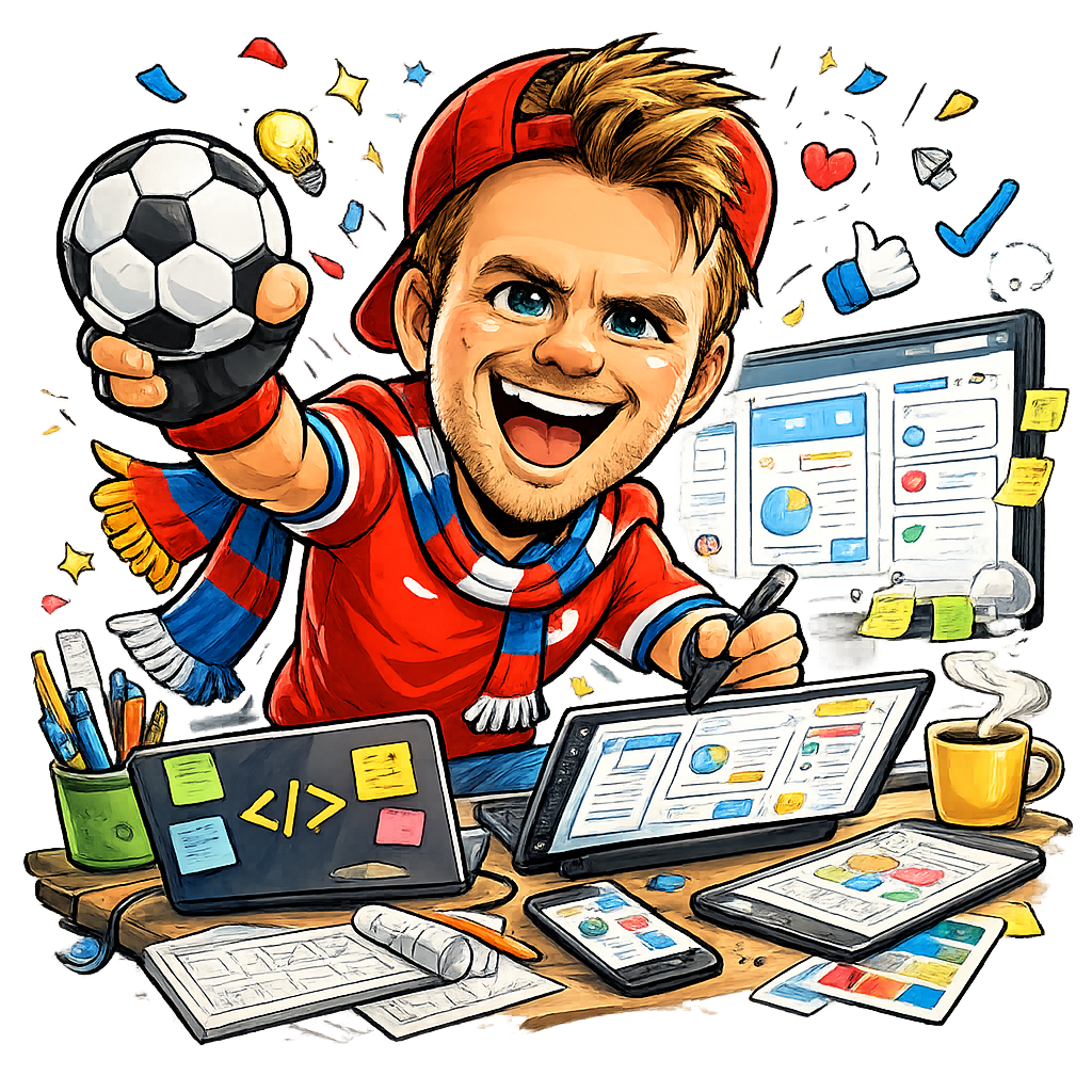 Illustrasjon av Raymond med fotball, kaffe og skjermer